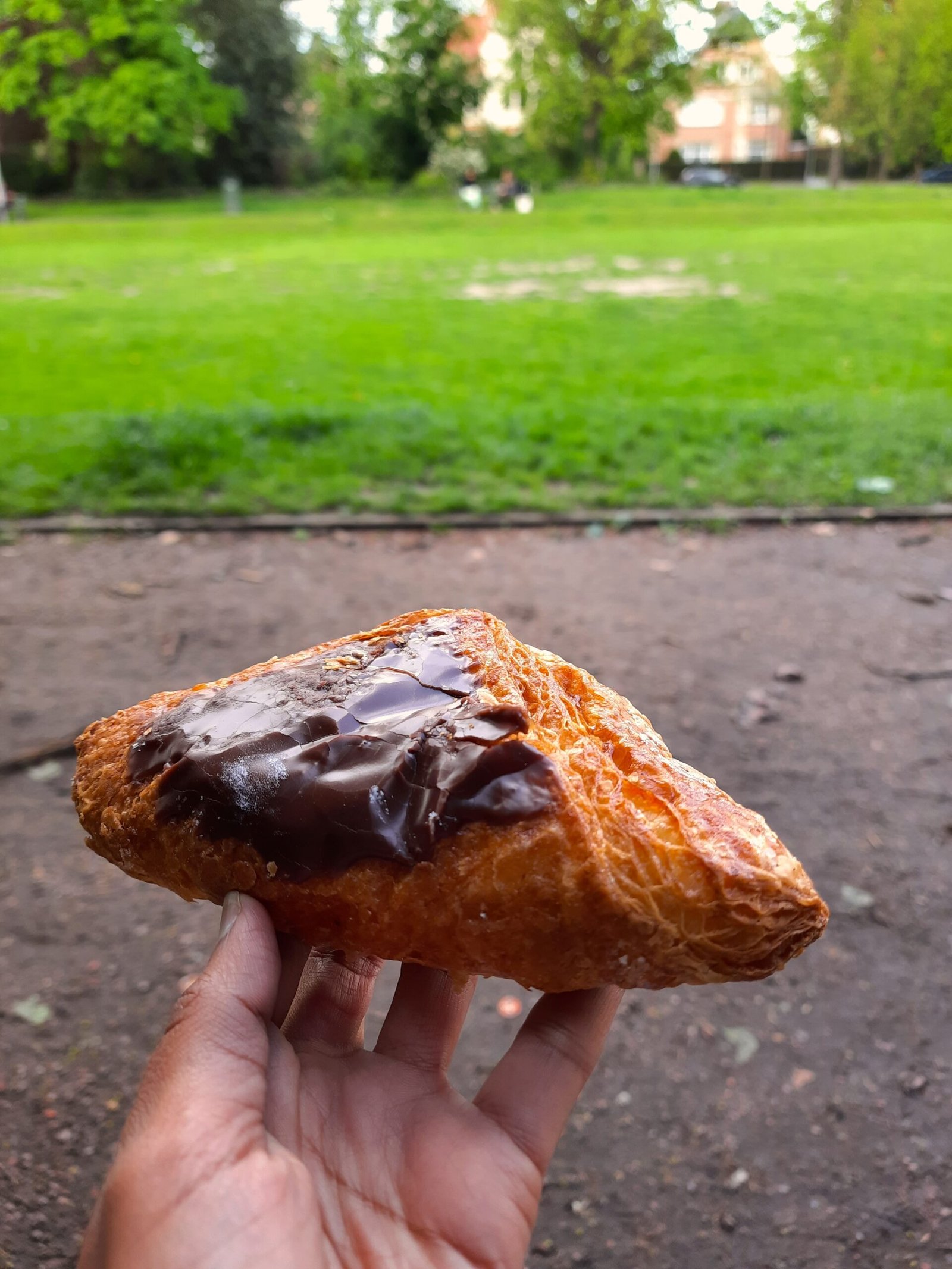 Hand holding a golden flaky pastry topped with glossy chocolate, photographed outdoors against a green park, creating a warm, inviting mood.
