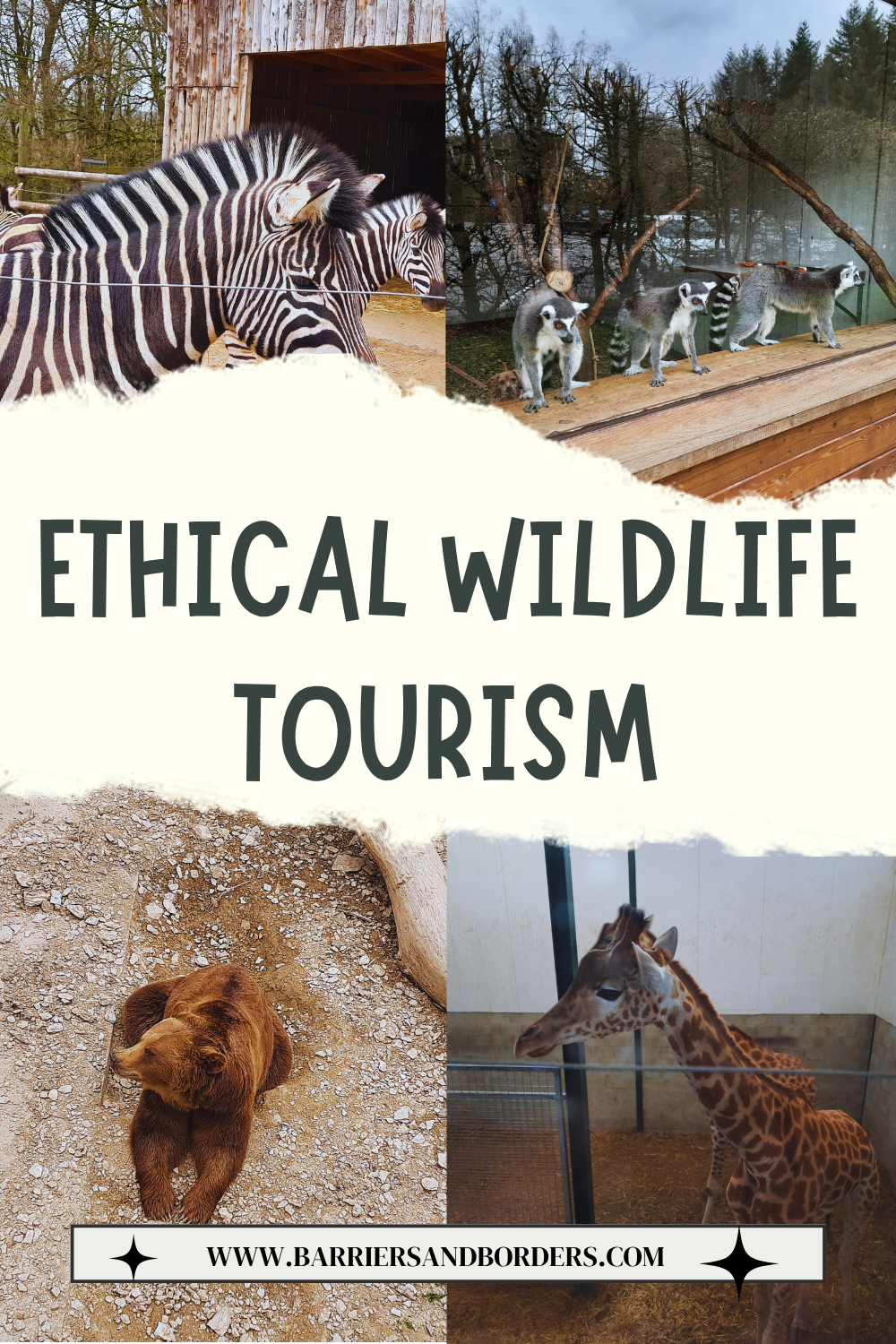 Poster titled “Ethical Wildlife Tourism” shows zebras, wolves, a bear, and a giraffe in enclosures, conveying a cautionary conservation message.