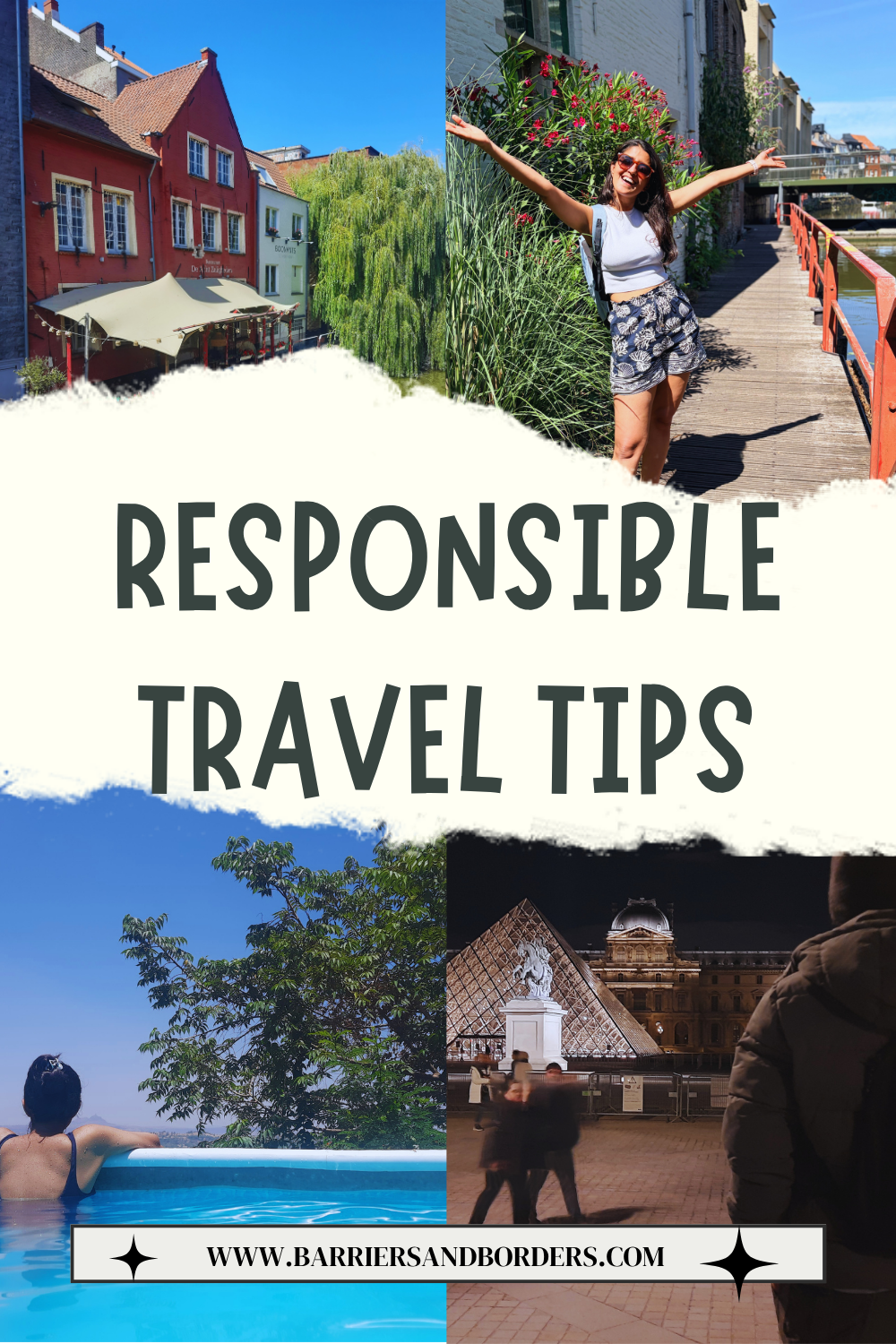 Responsible Travel Tips graphic with red canal houses, a smiling woman by flowers, a swimmer, and a lit historic landmark; upbeat travel guide.