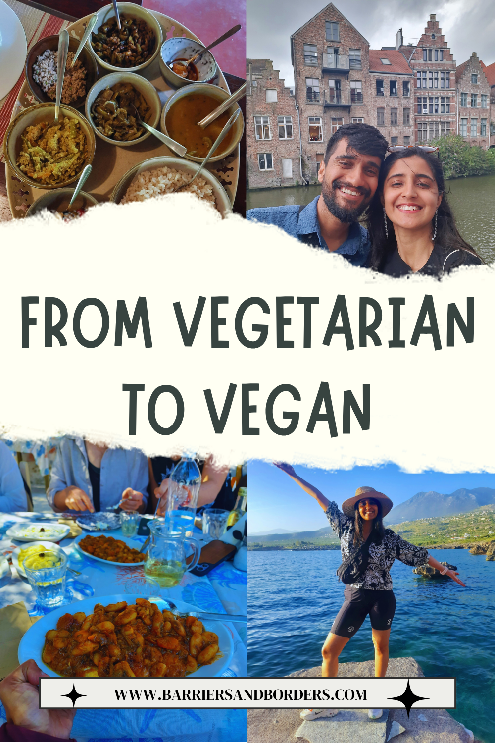 Travel collage promoting a vegetarian-to-vegan journey: shared curry meals, a smiling couple by historic canals, a feast, and a woman on a lake. Warm, adventurous tone.