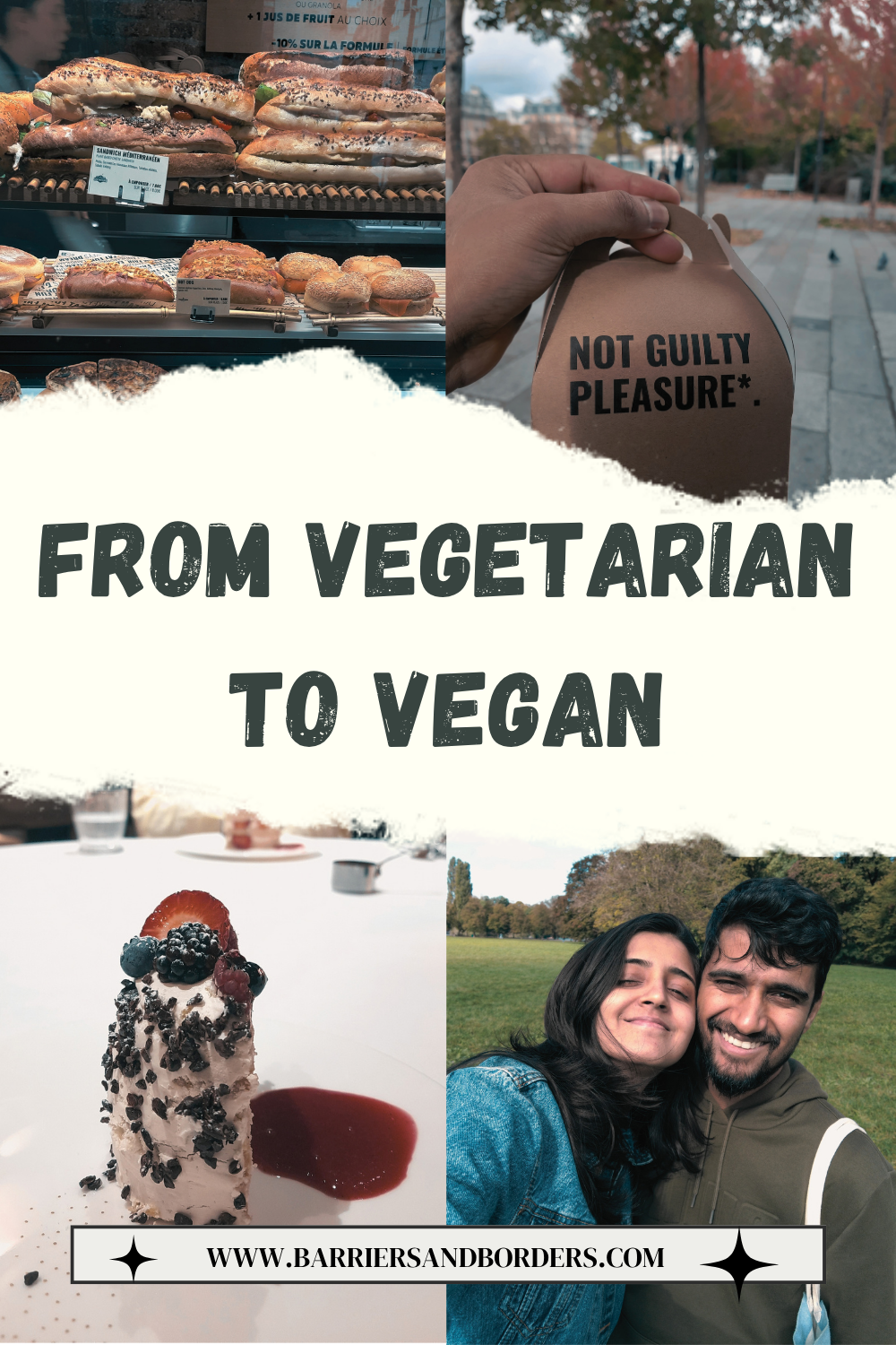 Promotional collage of bakery treats and a “Not Guilty Pleasure” tag, with the headline “From Vegetarian to Vegan” and a smiling couple outdoors.